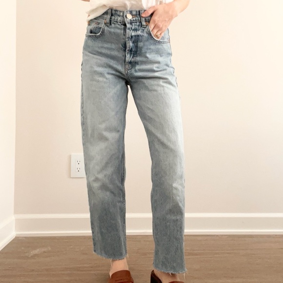 Zara Light Blue Straight Leg Raw Hem Jeans - Picture 3 of 8